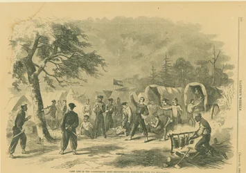 Lagerleben in der konföderierten Armee - Mississippianer üben mit dem Bowie-Messer